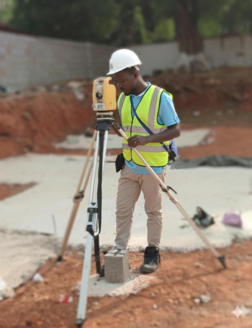 Acquaah-Lartey & Associates surveyor with theodolite on a construction site in Ghana